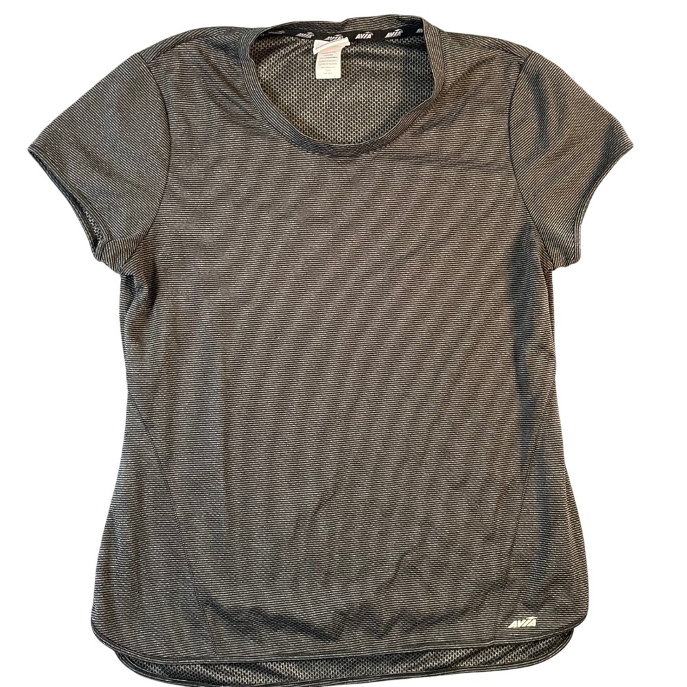 Avia Activewear Top Large Short Sleeve Grey Black Striped Athletic Stretch Sport